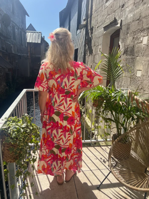 Robe longue tropicale grande taille, col V élastique | Dream By C