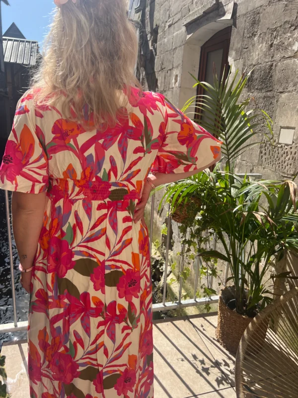 Robe longue tropicale grande taille, col V élastique | Dream By C