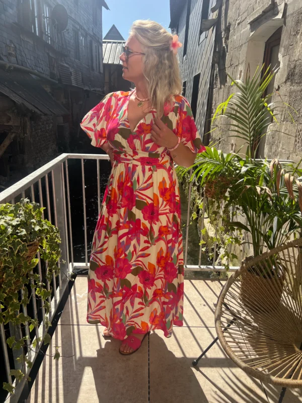 Robe longue tropicale grande taille, col V élastique | Dream By C
