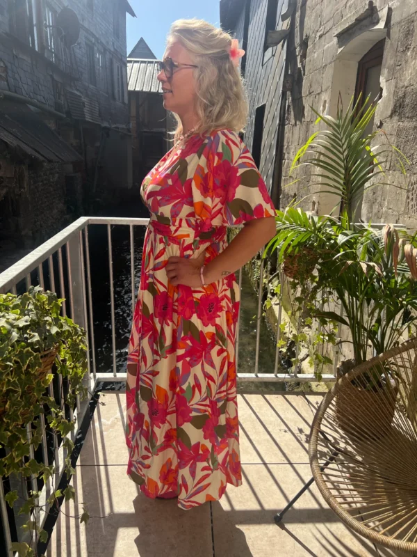 Robe longue tropicale grande taille, col V élastique | Dream By C