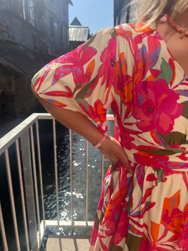 Robe longue tropicale grande taille, col V élastique | Dream By C