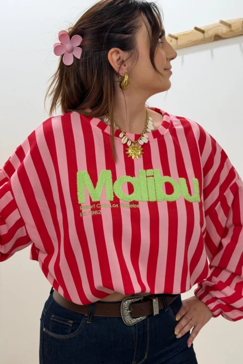 sweat-rayures-femme-bouffant-rose-rouge-malibu- Sweat rayures femme bouffant rose rouge Malibu | Dream By C