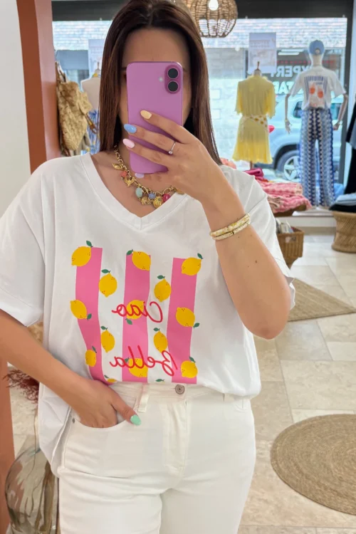 t-shirt-col-v-grande-taille-femme-ciao-bella-citrons- T-shirt col V grande taille femme Ciao Bella citrons | Dream By C