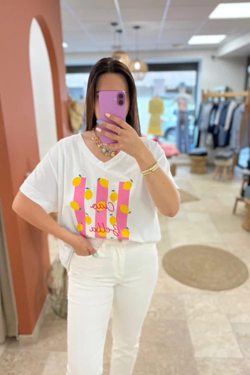 T-shirt col V grande taille femme Ciao Bella citrons | Dream By C