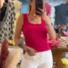Top côtelé femme fuchsia, froufrou col carré | Dream By C