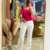 Top côtelé femme fuchsia, froufrou col carré | Dream By C