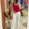Top côtelé femme fuchsia, froufrou col carré | Dream By C