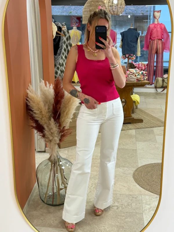 Top côtelé femme fuchsia, froufrou col carré | Dream By C
