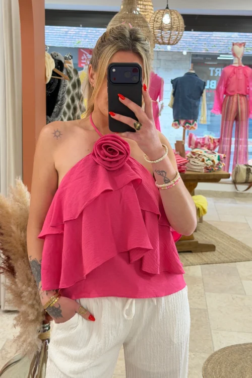 Top dos nu femme fuchsia, fleur volants, laçage cou | Dream By C