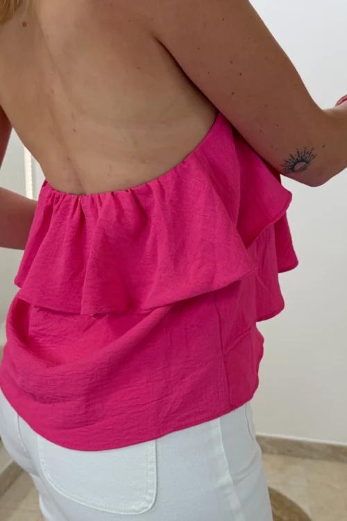 -top-dos-nu-femme-fuchsia-fleur-volants Top dos nu femme fuchsia, fleur volants, laçage cou | Dream By C