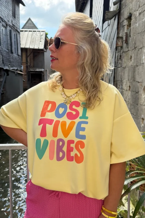 top-fronce-femme-imprime-positive-vibes-jaune- Top frouncé femme imprimé Positive Vibes jaune | Dream By C