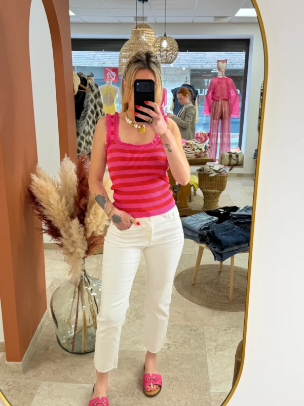 Top rayé fuchsia femme, côtelé froufrou col carré | Dream By C