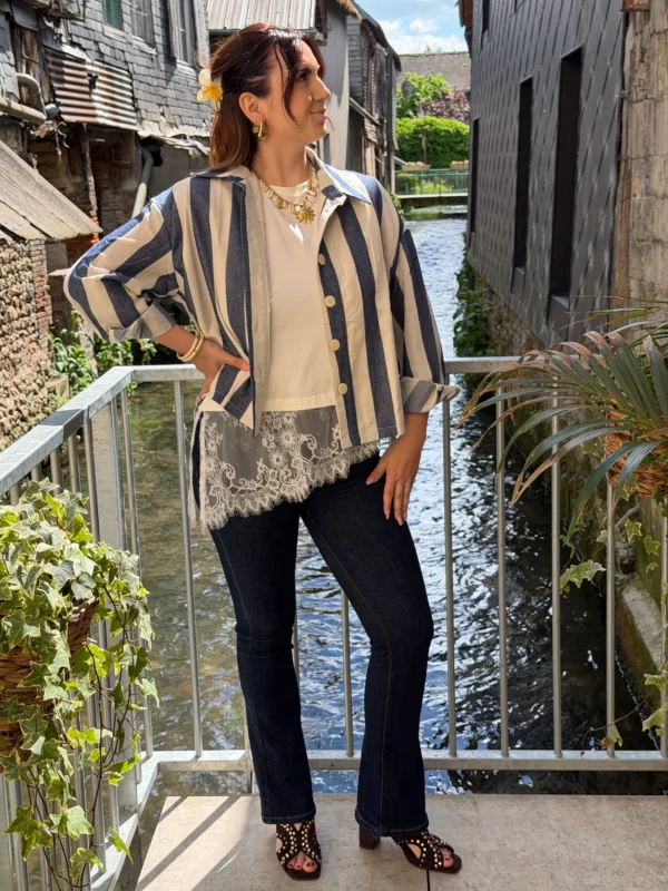 Veste chemise rayée femme bleu écru, boutons | Dream By C