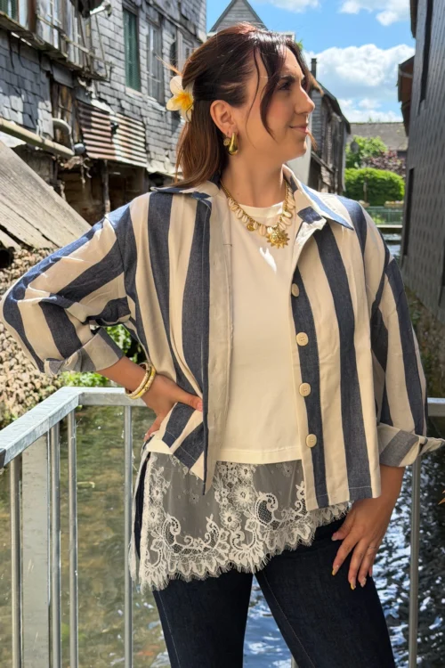 -veste-chemise-rayee-femme-bleu-ecru Veste chemise rayée femme bleu écru, boutons | Dream By C