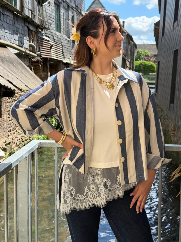 Veste chemise rayée femme bleu écru, boutons | Dream By C