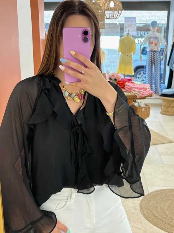 Blouse noire femme volants manches longues | Dream By C