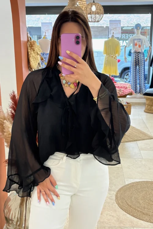 Blouse noire femme volants manches longues | Dream By C