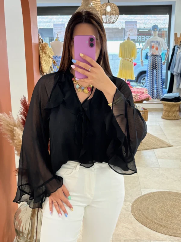 Blouse noire femme volants manches longues | Dream By C