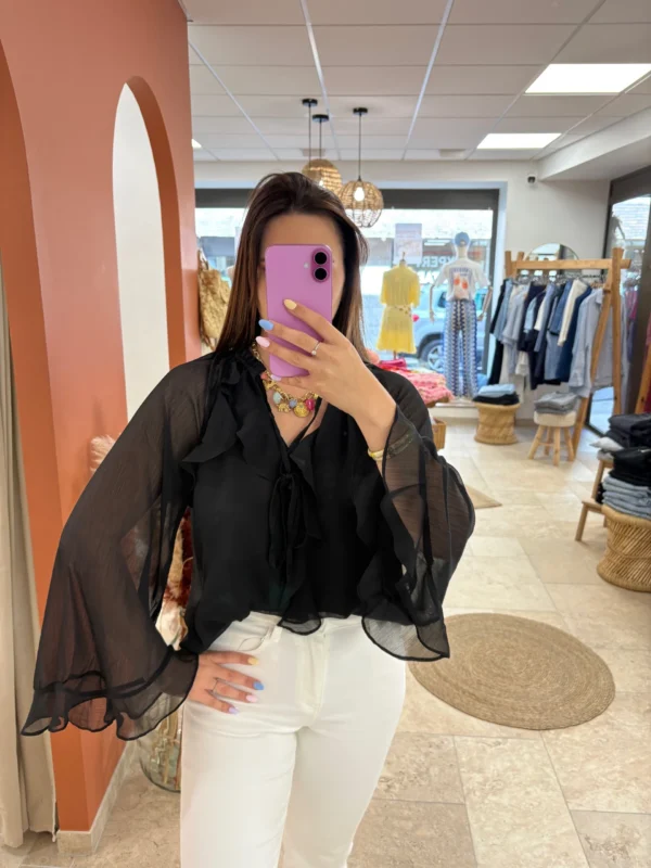 Blouse noire femme volants manches longues | Dream By C