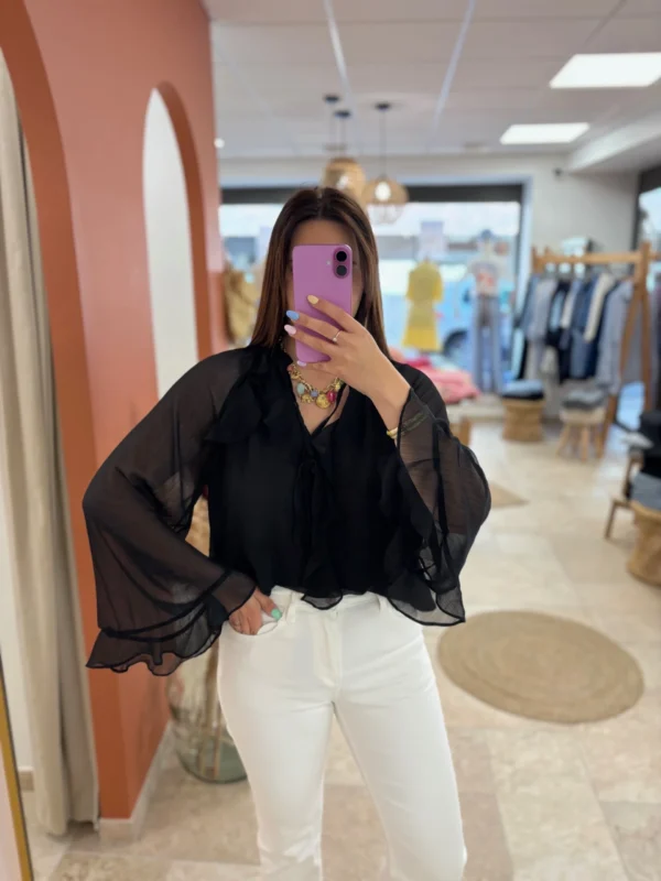 Blouse noire femme volants manches longues | Dream By C