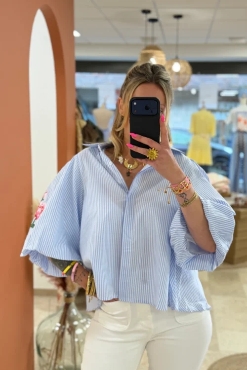 chemise-manches-bouffantes-broderies-rayures-bleu Chemise rayures bleues femme manches bouffantes | Dream By C