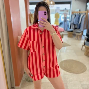 Combinaison short femme été rayures rose rouge | Dream By C