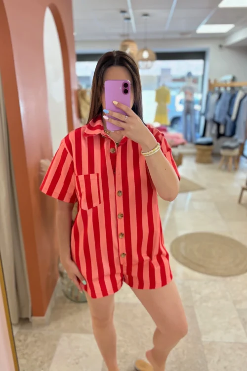 -combinaison-short-femme-ete-rayures-rose-rouge-coton- Combinaison short femme été rayures rose rouge | Dream By C