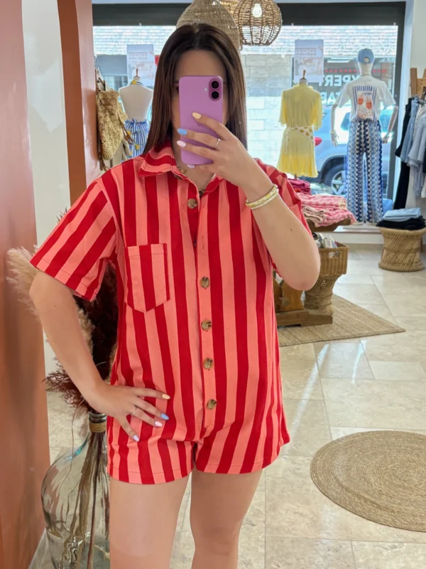 Combinaison short femme été rayures rose rouge | Dream By C