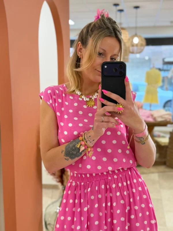 Ensemble jupe haut femme été rose fuchsia pois| Dream By C