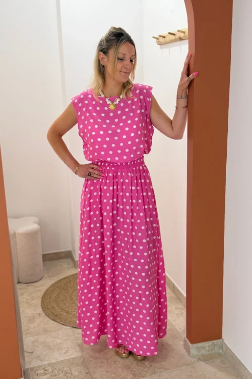 -ensemble-haut-jupe-rose-fuchsia-pois-blancs Ensemble jupe haut femme été rose fuchsia pois| Dream By C