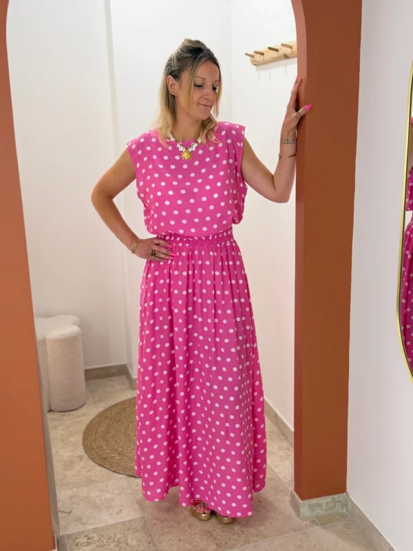 Ensemble jupe haut femme été rose fuchsia pois| Dream By C