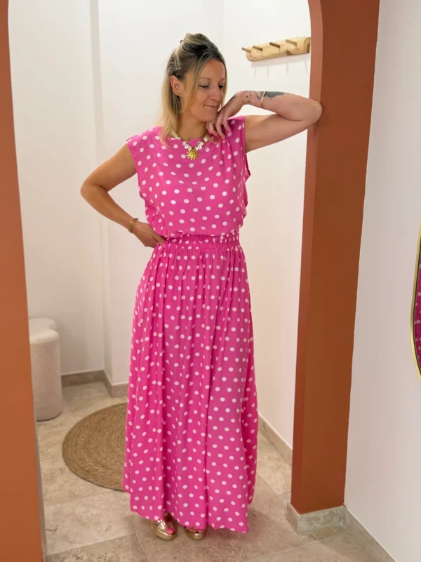Ensemble jupe haut femme été rose fuchsia pois| Dream By C
