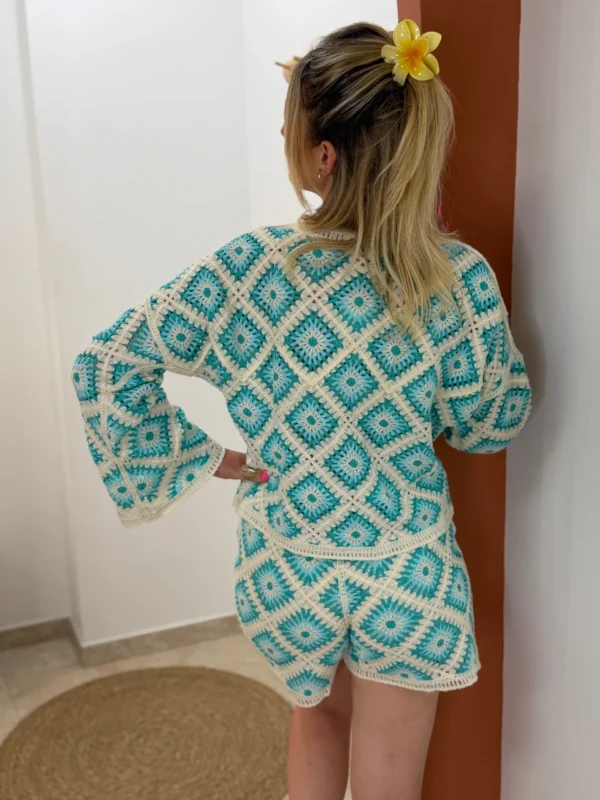 Haut crochet femme manches longues écru turquoise | Dream By C