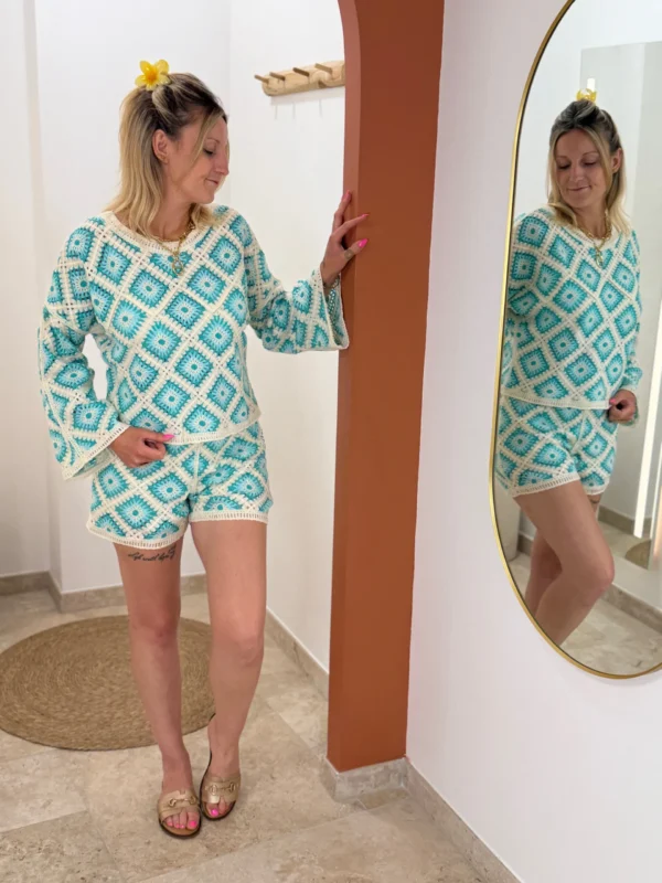 Haut crochet femme manches longues écru turquoise | Dream By C