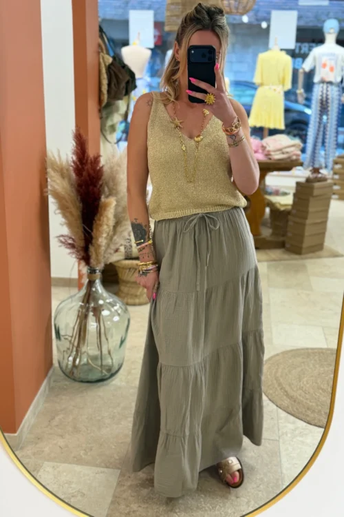 -jupe-longue-coton-taupe-gaze-elastique- Jupe longue coton grande taille taupe gaze | Dream By C