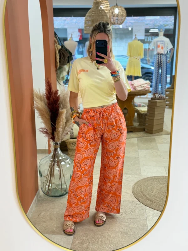 Pantalon large femme imprimé orange cachemire | Dream By C