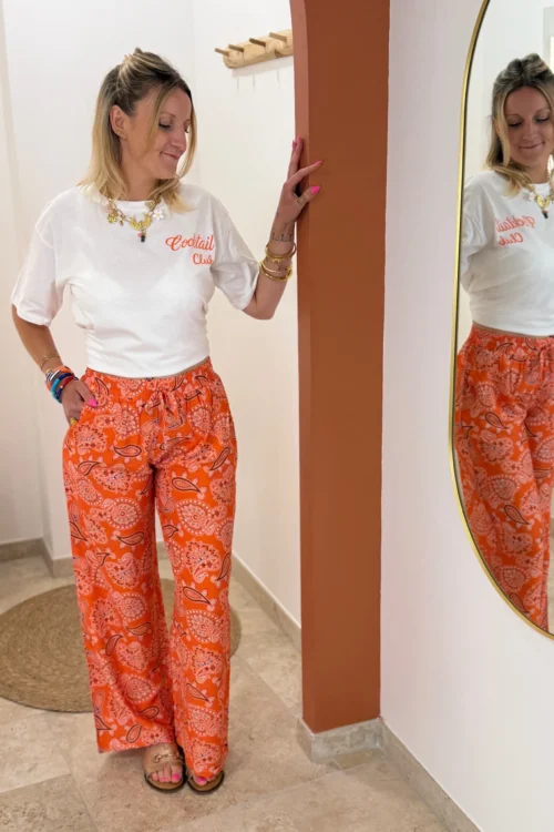 pantalon-large-femme-orange-imprime-cachemire Pantalon large femme imprimé orange cachemire | Dream By C