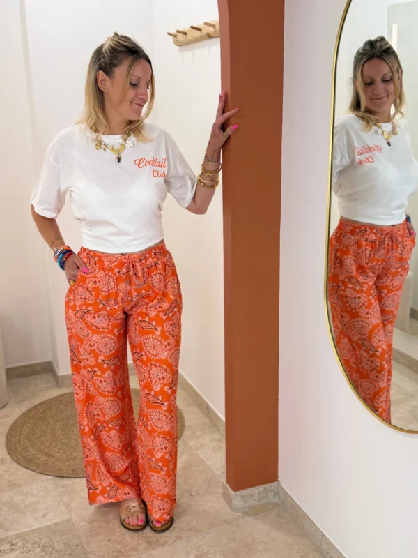 Pantalon large femme imprimé orange cachemire | Dream By C