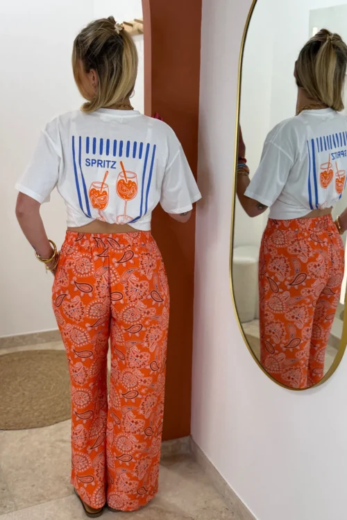 Pantalon large femme imprimé orange cachemire | Dream By C