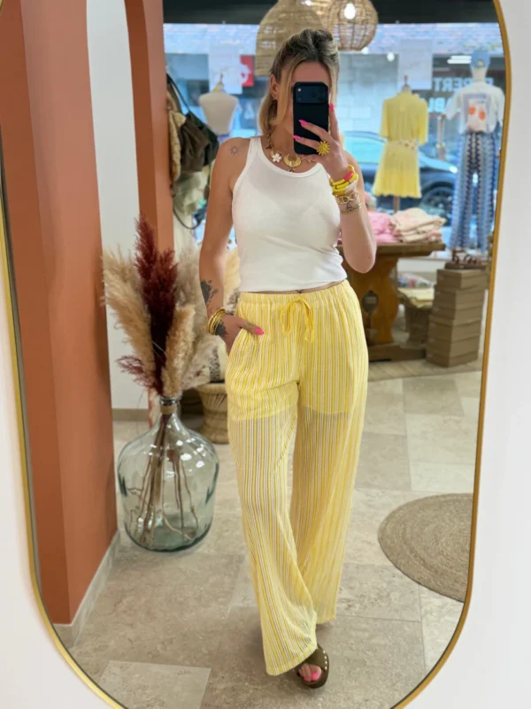Pantalon résille femme tendance jaune blanc | Dream By C