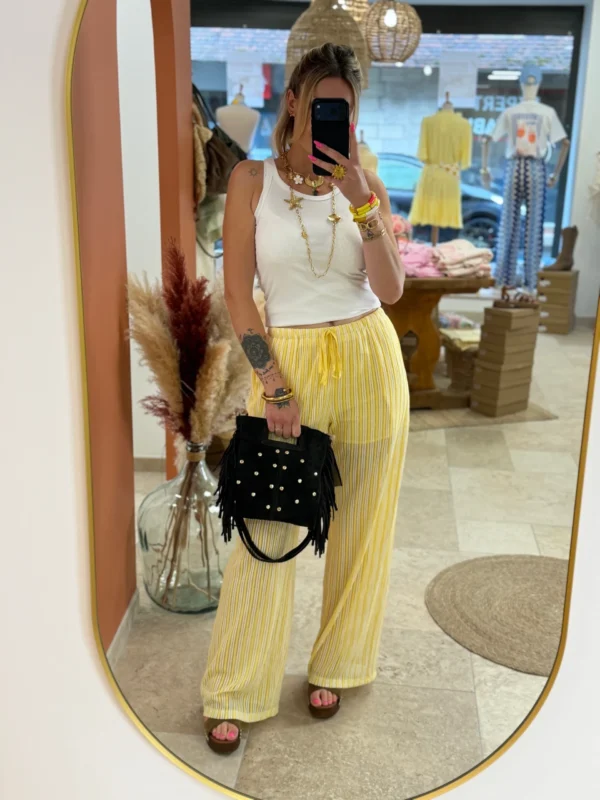 Pantalon résille femme tendance jaune blanc | Dream By C