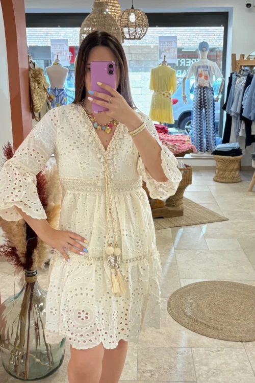 Robe broderie anglaise femme été écrue cordon doré | Dream By C