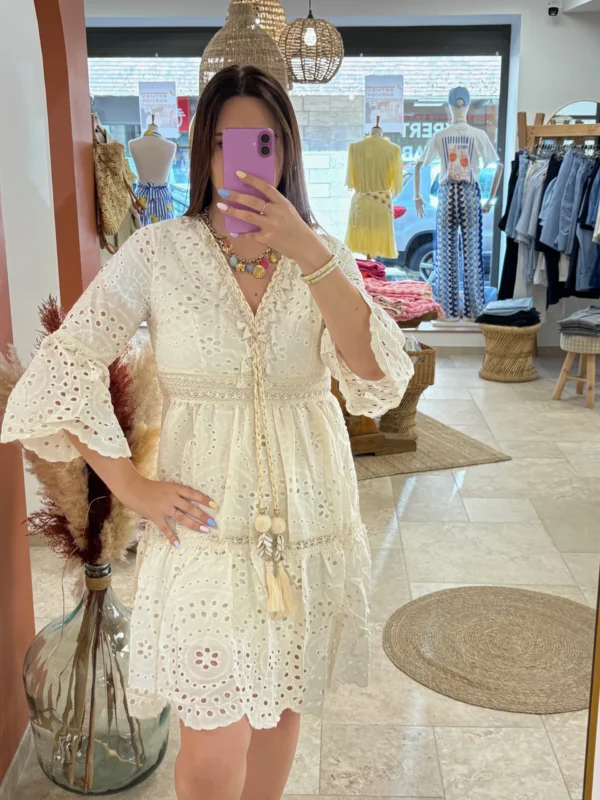 Robe broderie anglaise femme été écrue cordon doré | Dream By C