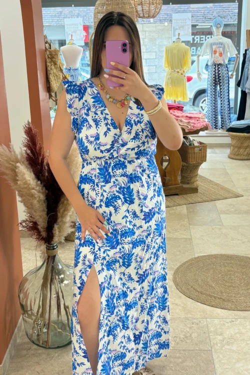 robe-longue-blanche-feuillages-bleus-cache-coeur-fente-dreambyc Robe longue blanche motifs femme été feuillages | Dream By C