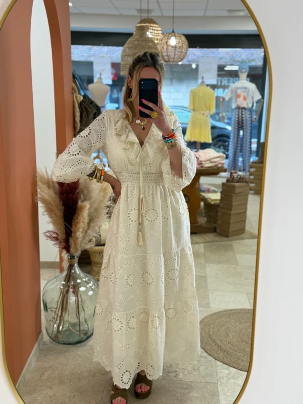 Robe longue bohème femme coton broderie beige | Dream By C