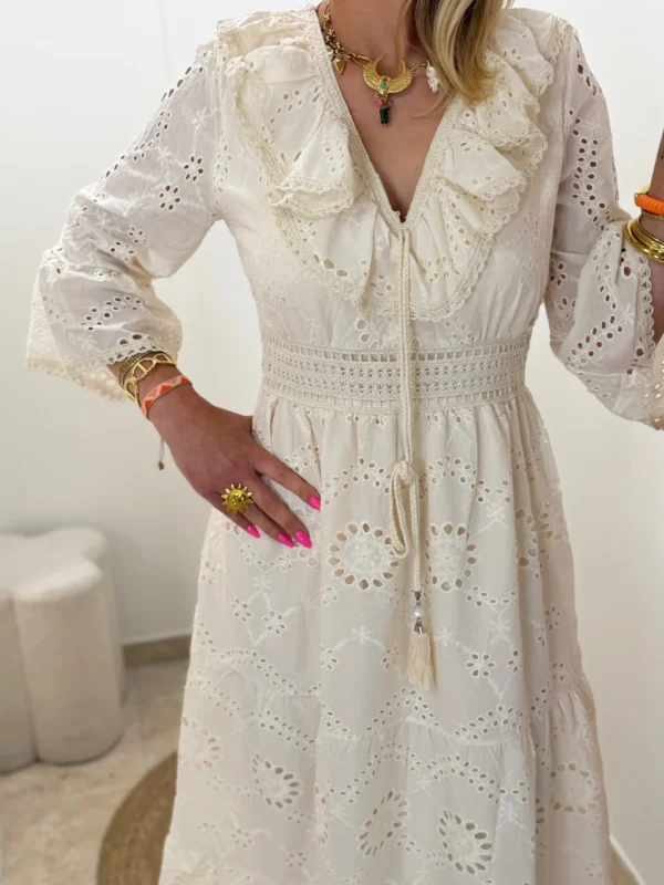 Robe longue bohème femme coton broderie beige | Dream By C
