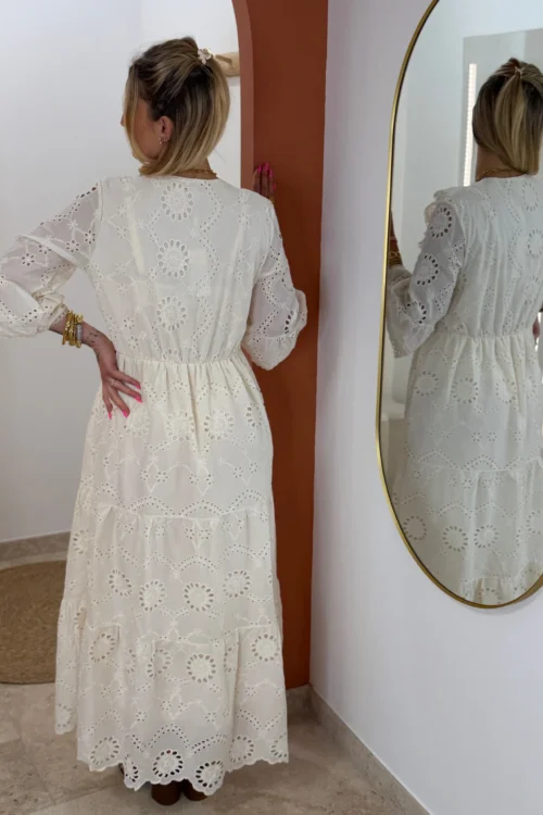 Robe longue bohème femme coton broderie beige | Dream By C