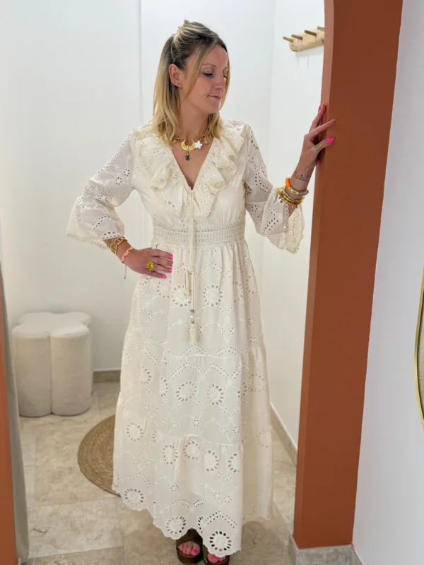 Robe longue bohème femme coton broderie beige | Dream By C