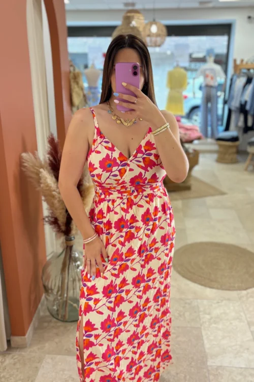 robe-longue-bretelles-fleurie-fuchsia-cache-coeur Robe longue bretelles femme fleurie fuchsia orange | Dream By C
