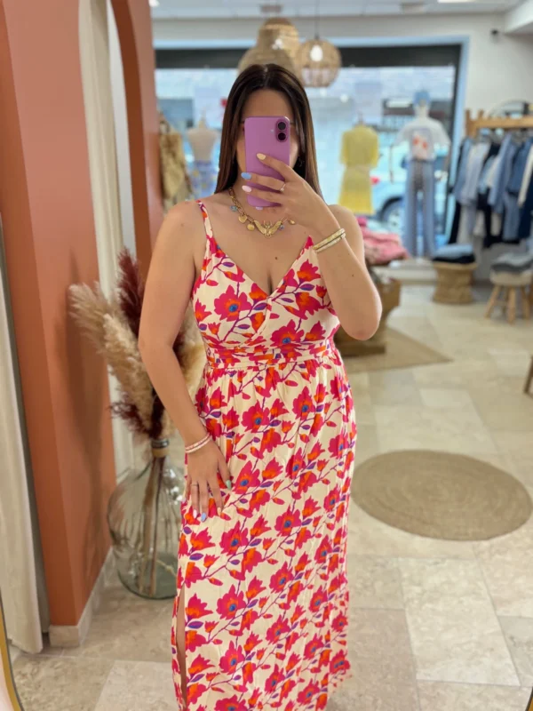 Robe longue bretelles femme fleurie fuchsia orange | Dream By C